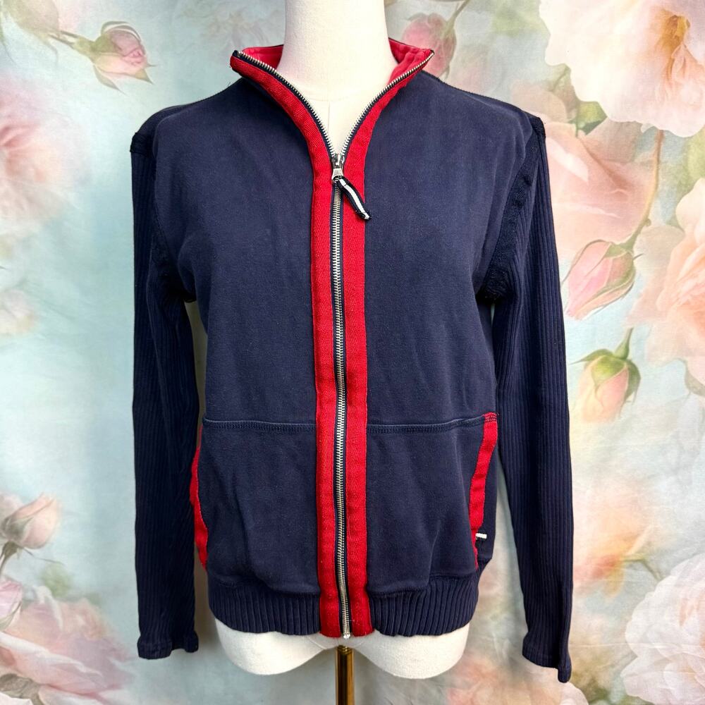 Vintage Villager Sport By Liz Claiborne Navy Blue & Red Striped Zip Up Sweater